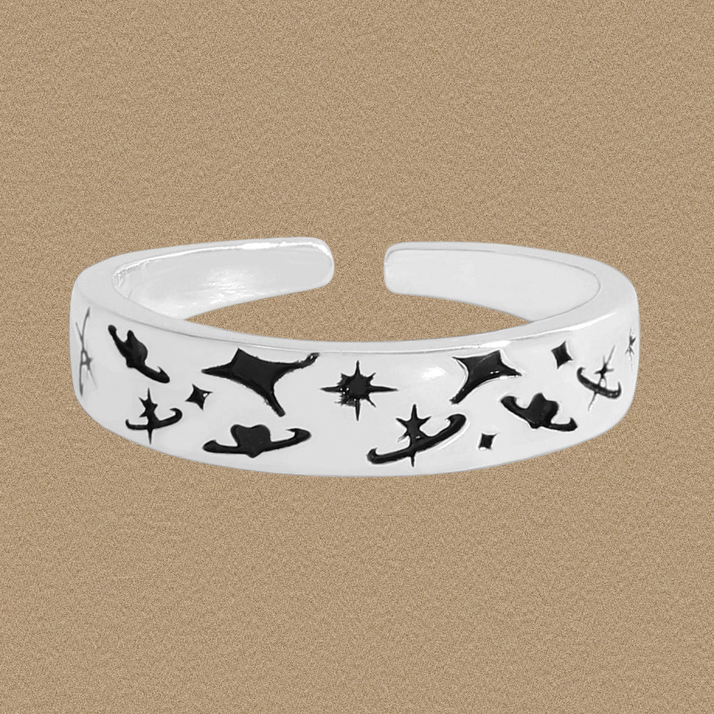 Party Black Graffiti Star Moon 925 Sterling Silver Adjustable Ring