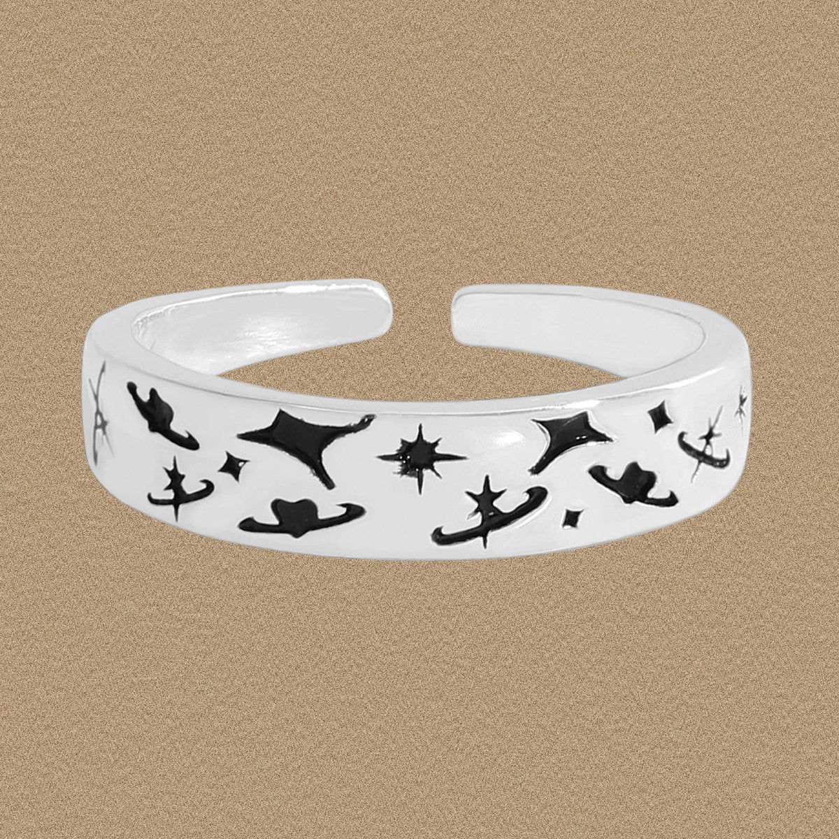 Party Black Graffiti Star Moon 925 Sterling Silver Adjustable Ring