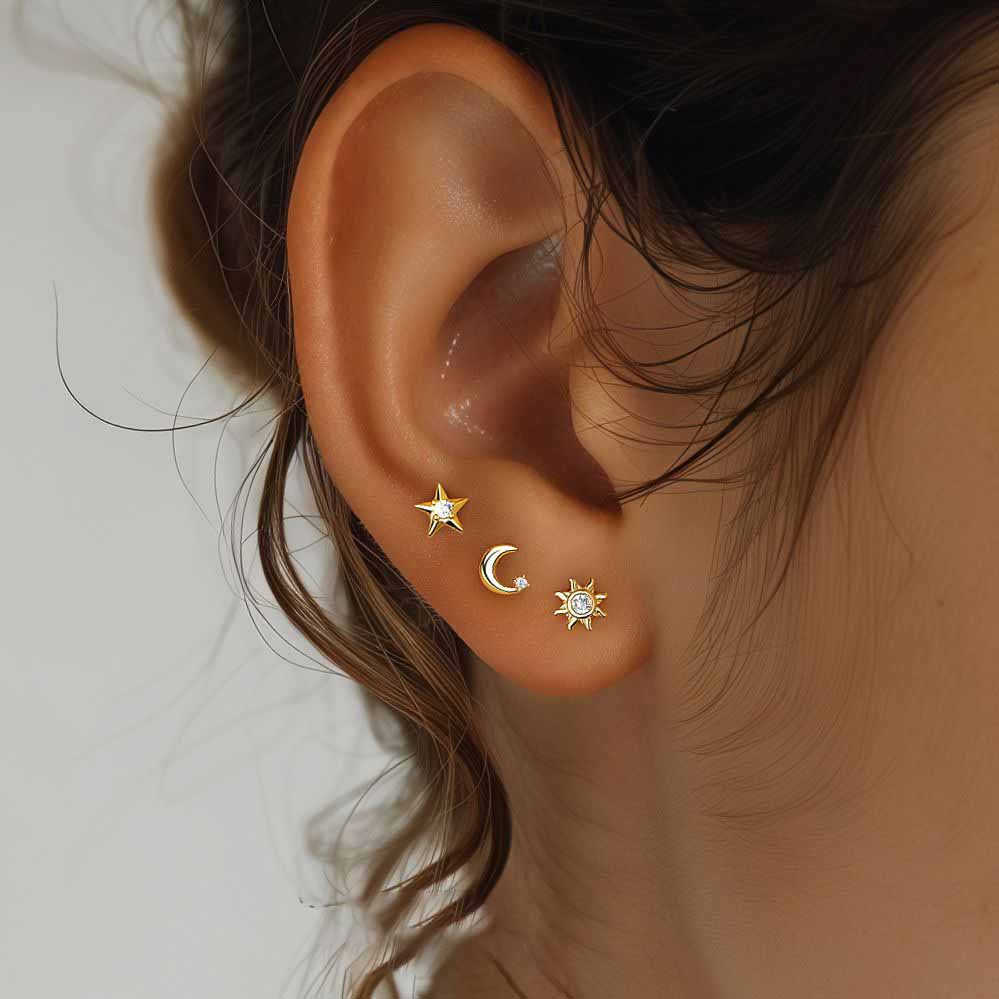 Fashion Gold CZ Sunshine Moon Star 925 Sterling Silver Stud Dangling Earrings