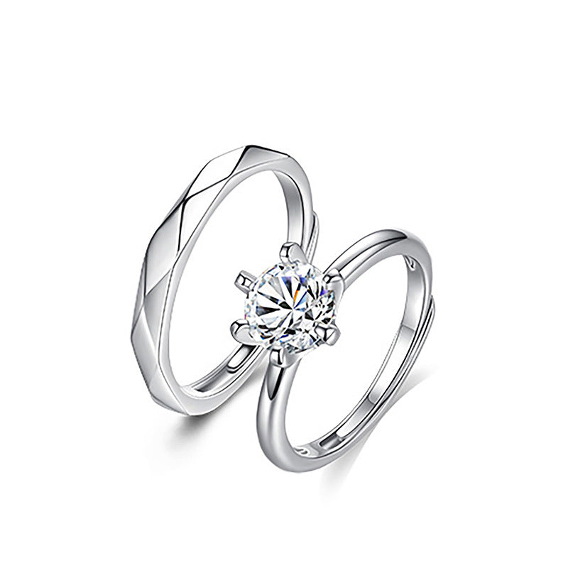 Minimalist Six-Prong Moissanite Silver S925 Sterling Silver Wedding Engagement Band Set Couple Rings