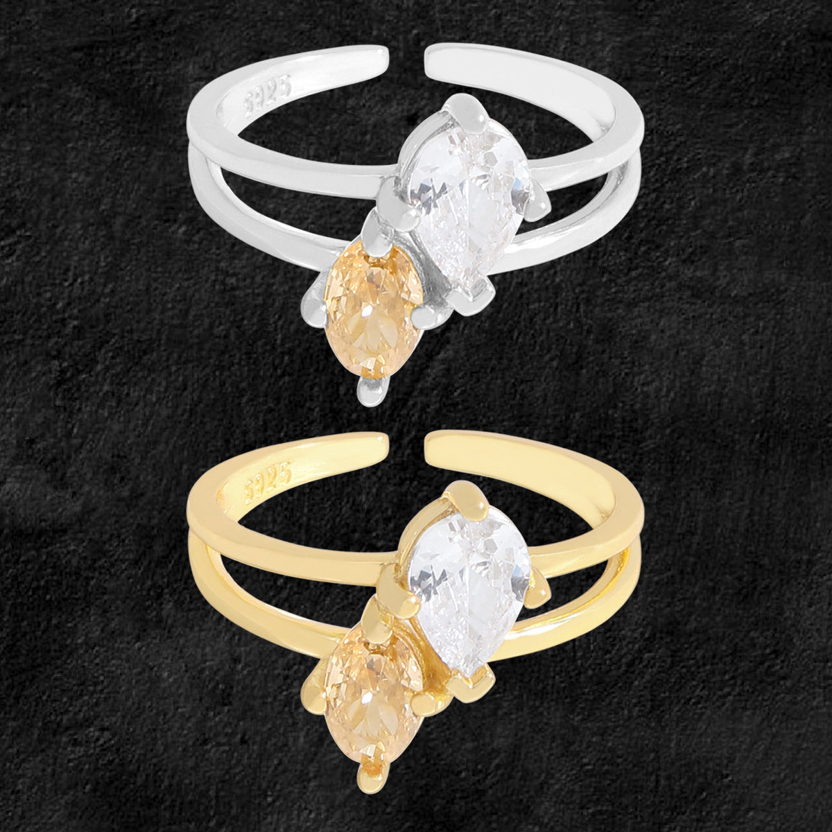 Women Elegant Champagne Color White Oval Waterdrop CZ 925 Sterling Silver Adjustable Ring