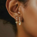 Beautiful Golden CZ Crescent Moon Star 925 Sterling Silver Dangling Earrings