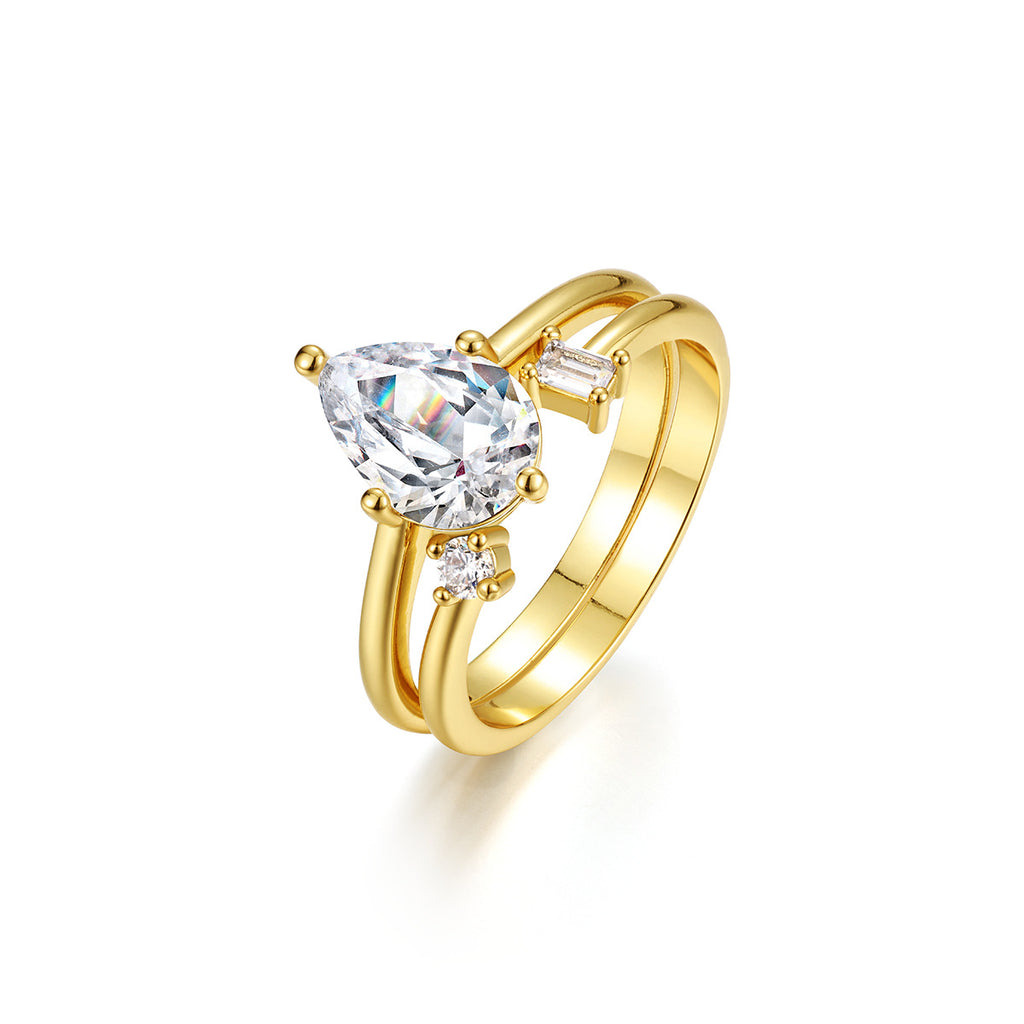 Pear Shape Moissanite Stack Ring Set S925 Sterling Silver Double Band Ring With Round And Baguette Accent Stones White Gold Tone Or Yellow Gold Elegant Fashion Jewelry For Women