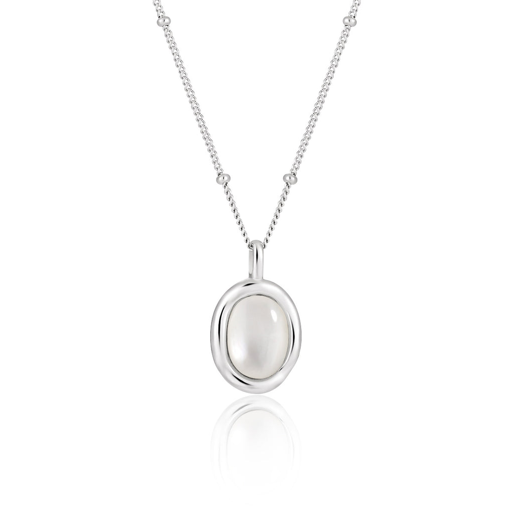 Women Simple Oval Natural White Shell 925 Sterling Silver Necklace