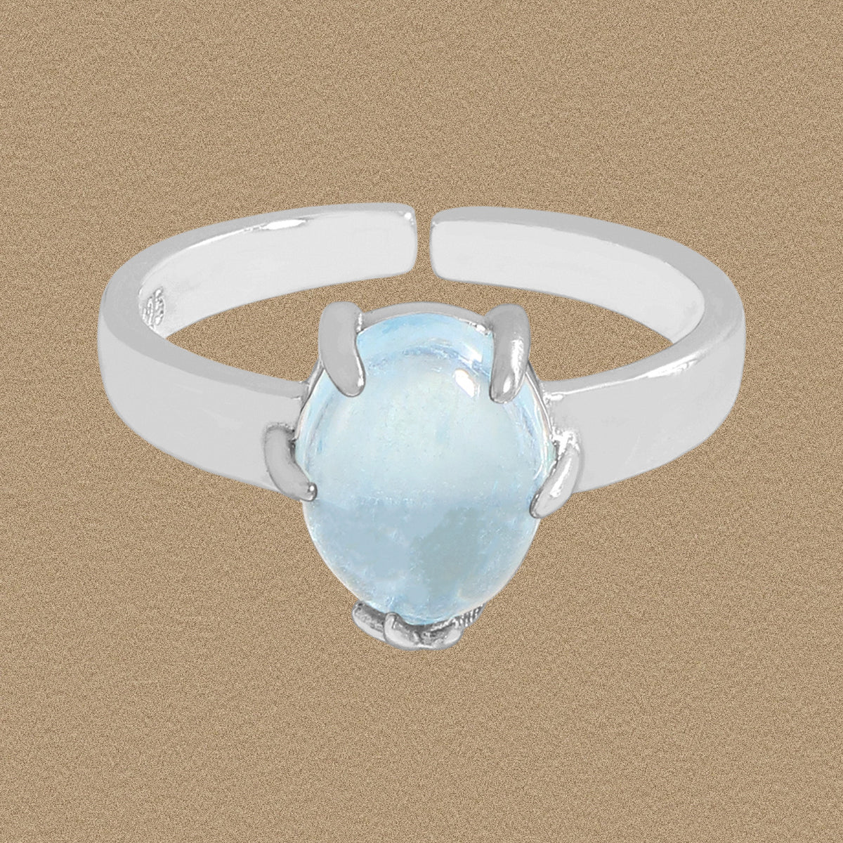 Women Simple Oval Natural Aquamarine 925 Sterling Silver Adjustable Ring