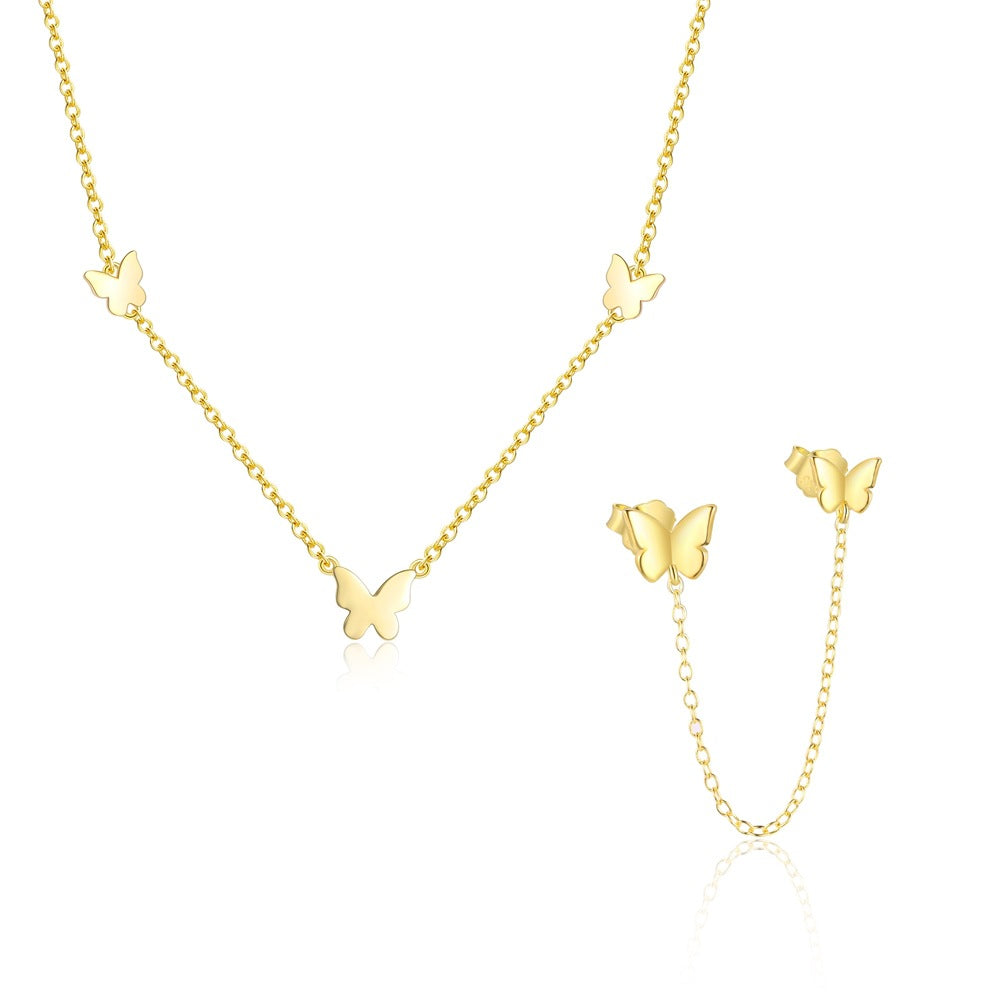 Beautiful Girl Flying Butterfly 925 Sterling Silver Necklace Double Hole Earring