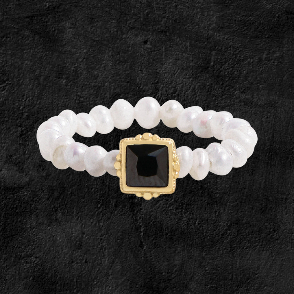 Women Elegant Black Square CZ Natural Pearls 925 Sterling Silver Ring