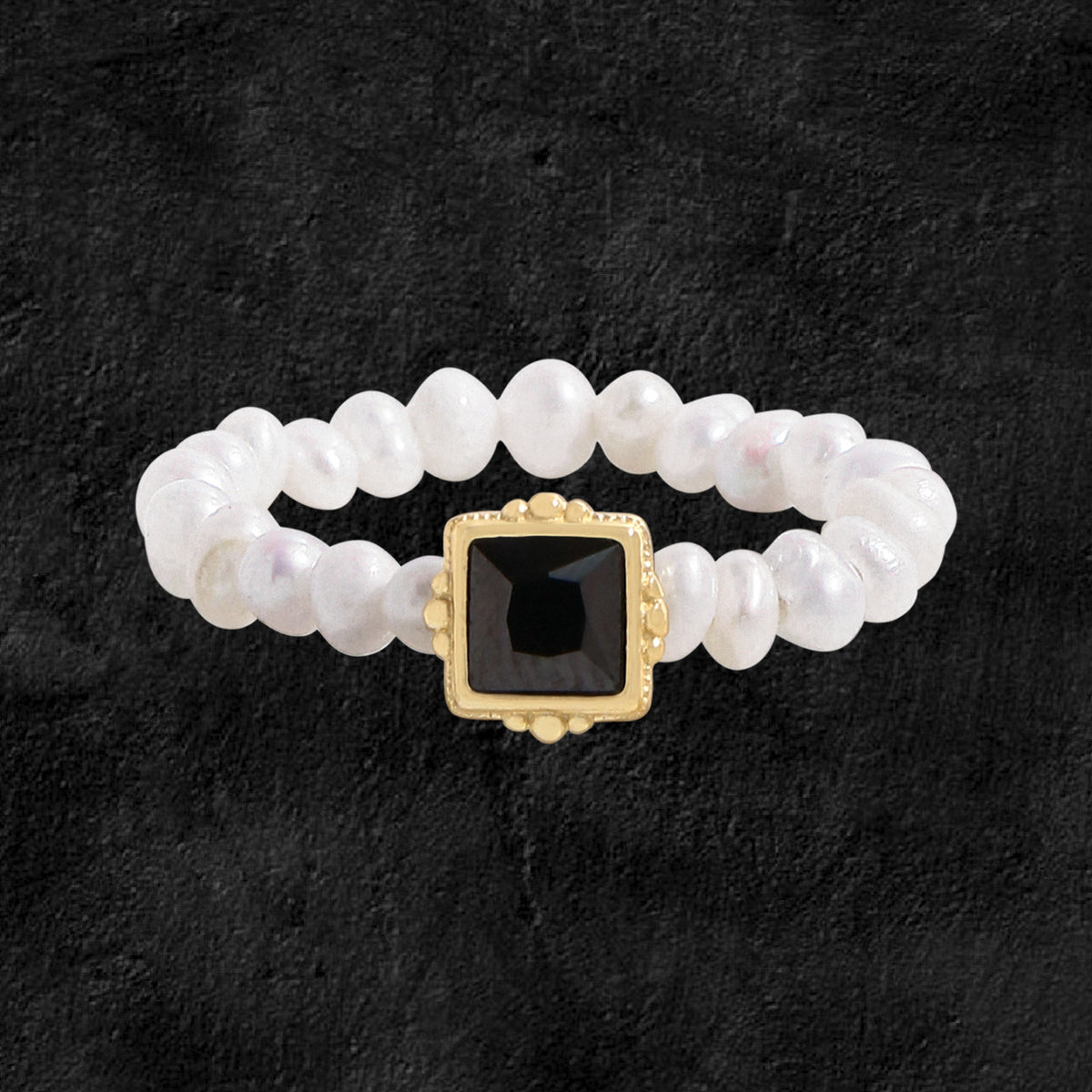 Women Elegant Black Square CZ Natural Pearls 925 Sterling Silver Ring