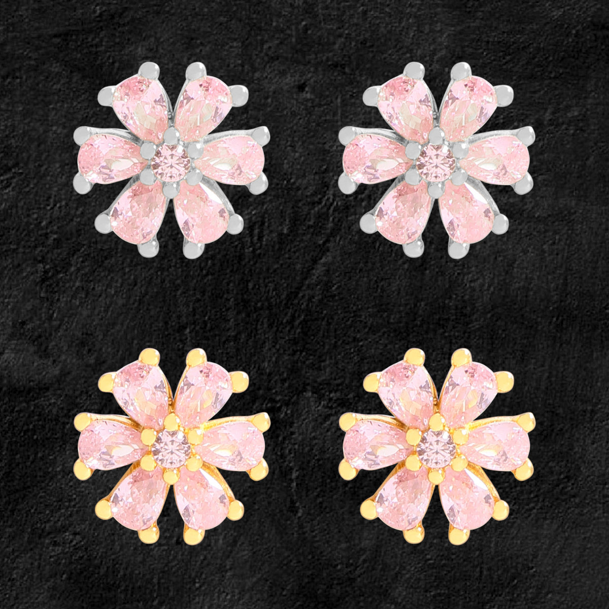 Beautiful Pink CZ Sakura Flowers 925 Sterling Silver Stud Earrings