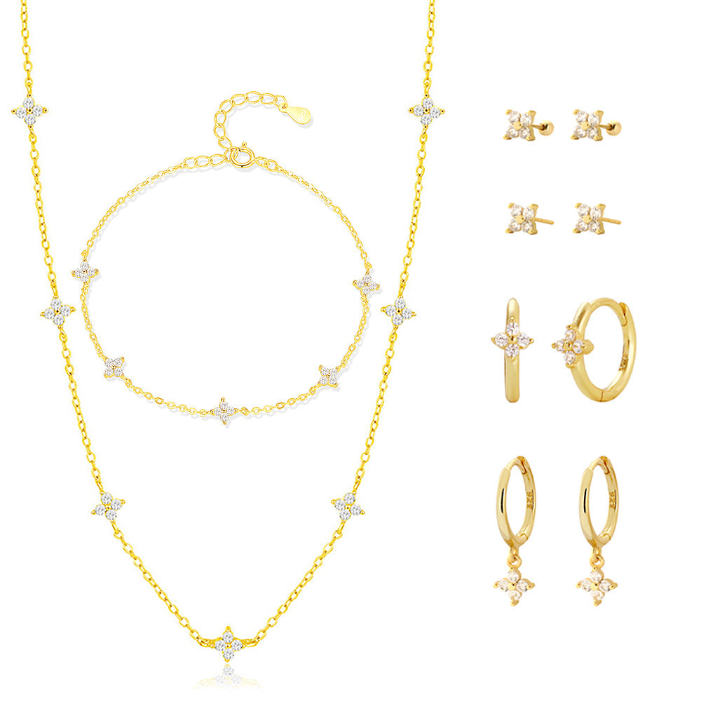 Set de joyería de plata de ley 925 con circonia cúbica en forma de trébol de cuatro hojas