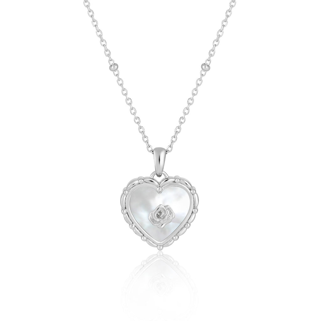 Collar con colgante de corazón y rosa en concha natural de plata de ley 925