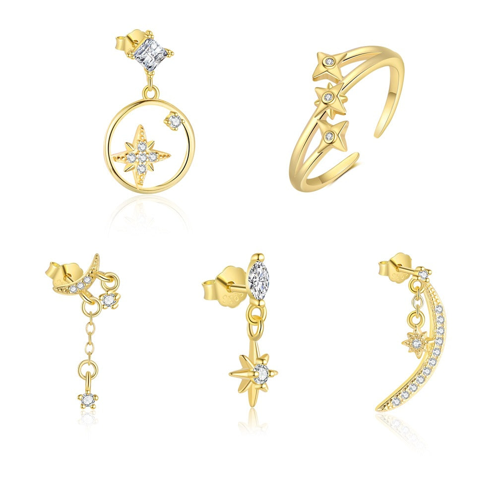 Girl Gold Four Pointed Star 925 Sterling Silver Dangling Earring (Single)