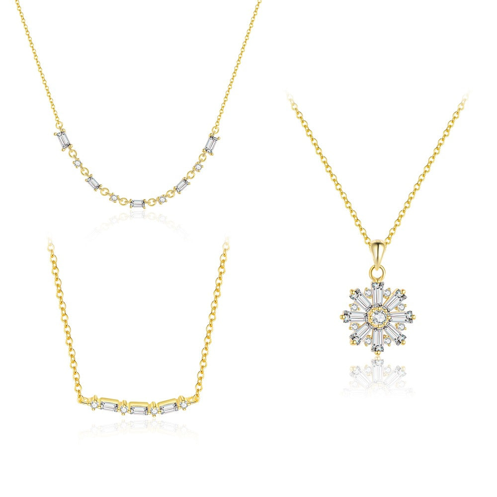 Women Geometry CZ Golden Snowflake 925 Sterling Silver Necklace