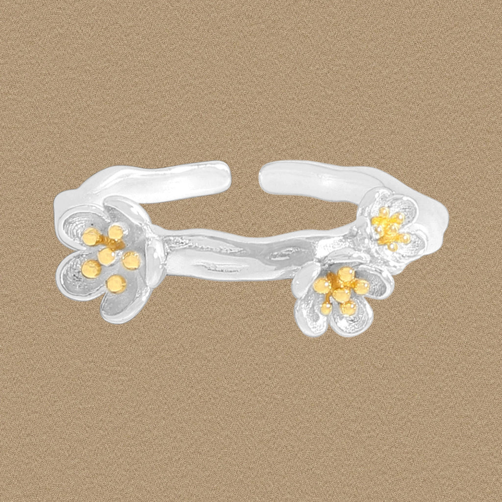 Beautiful Plum Blossom Flower 925 Sterling Silver Adjustable Ring