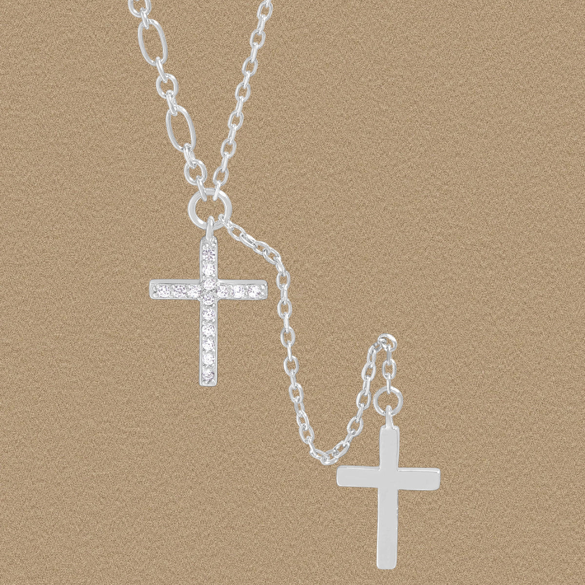 Fashion Double CZ Cross 925 Sterling Silver Necklace