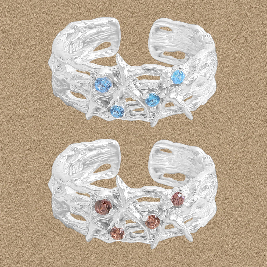 Fashion Double Layers CZ Starfish 925 Sterling Silver Adjustable Ring