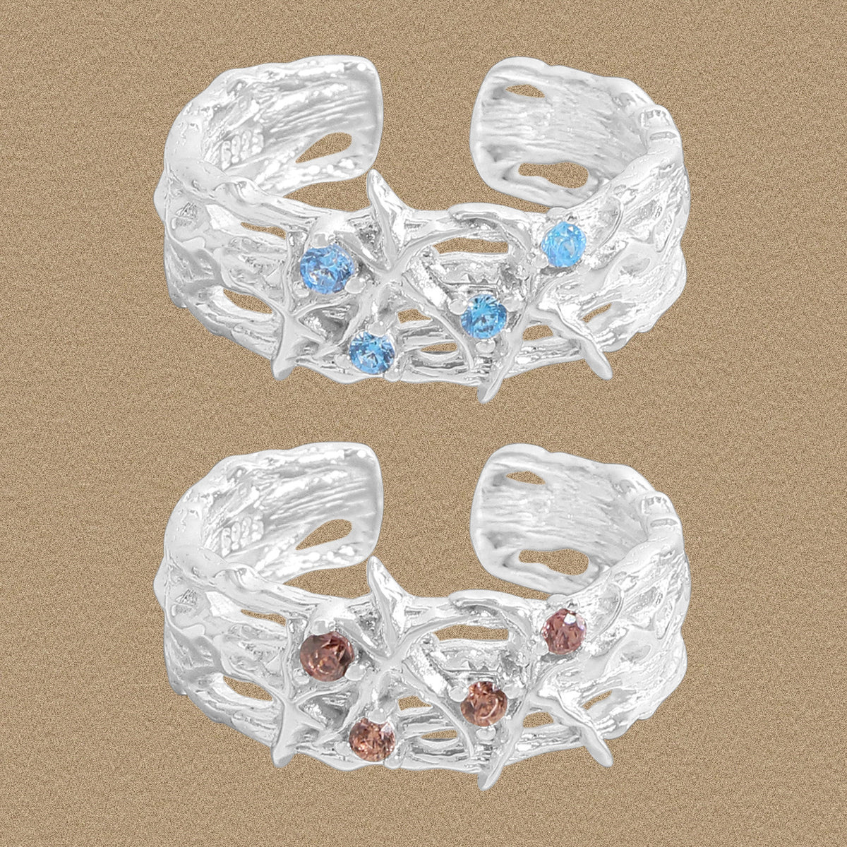 Fashion Double Layers CZ Starfish 925 Sterling Silver Adjustable Ring