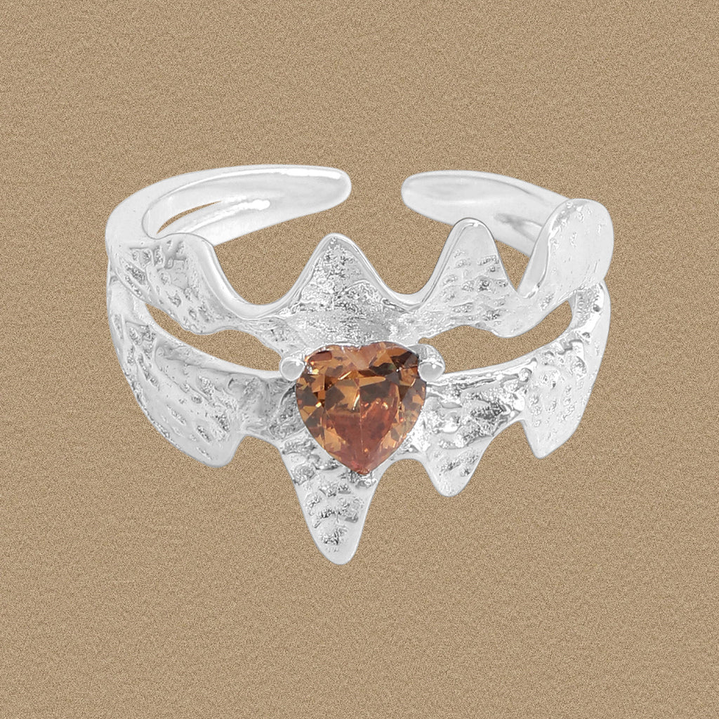 Fashion Double Layers Brown CZ Heart 925 Sterling Silver Wave Adjustable Ring