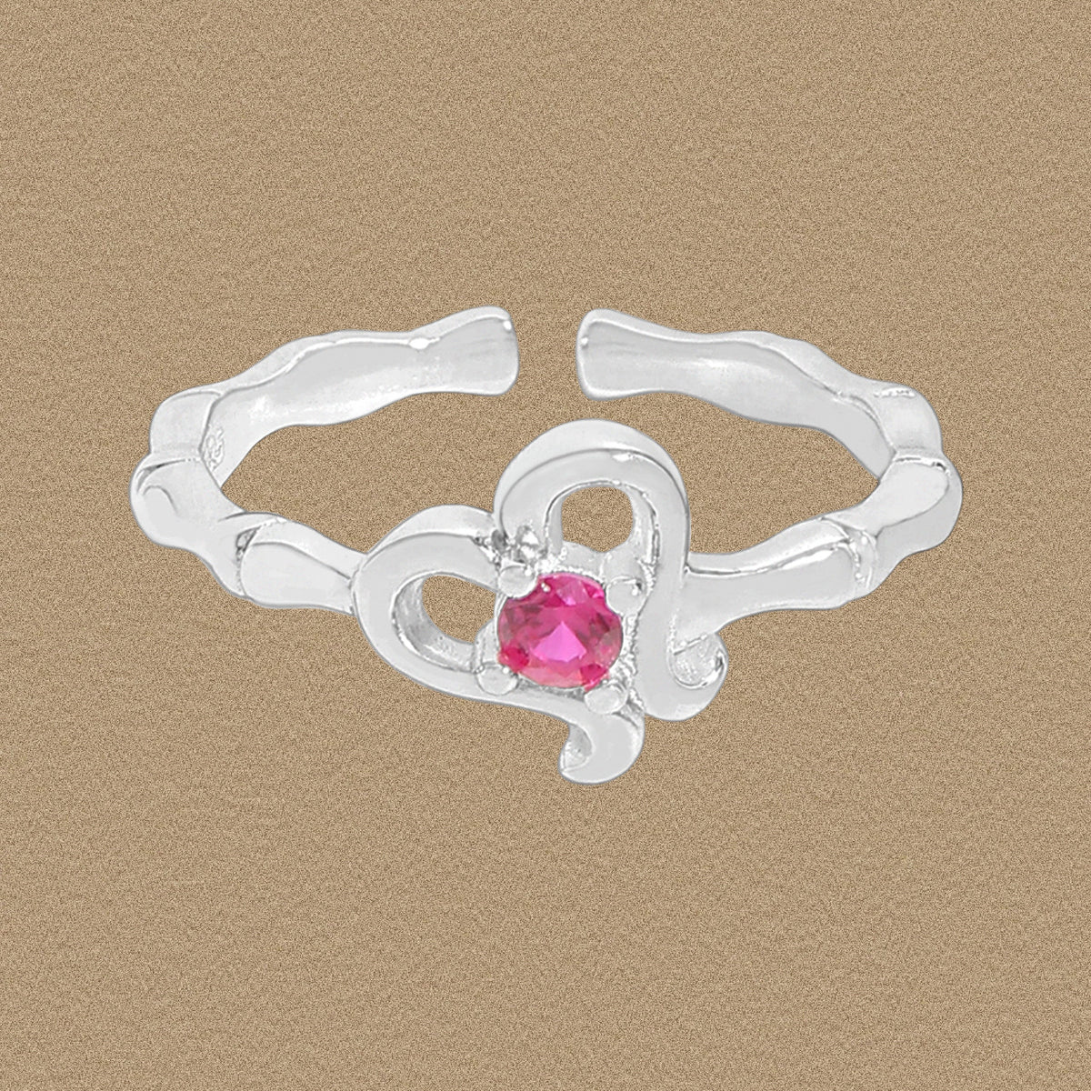 Beautiful Pink CZ Hollow Heart Irregular 925 Sterling Silver Adjustable Ring