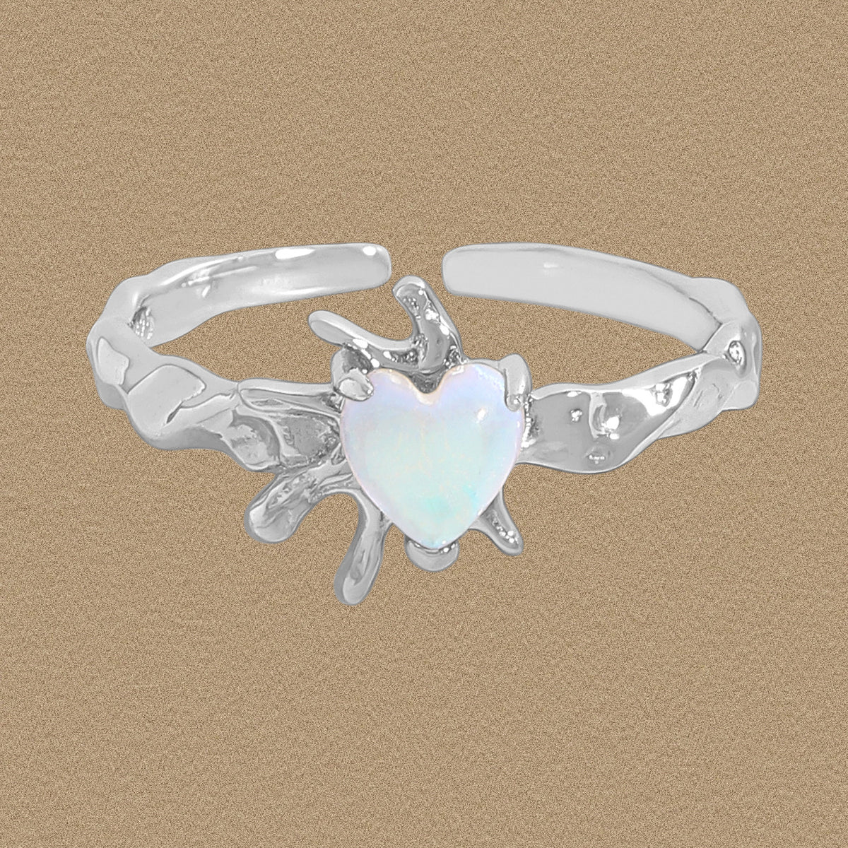 Gift Love Natural Opal Heart 925 Sterling Silver Adjustable Ring