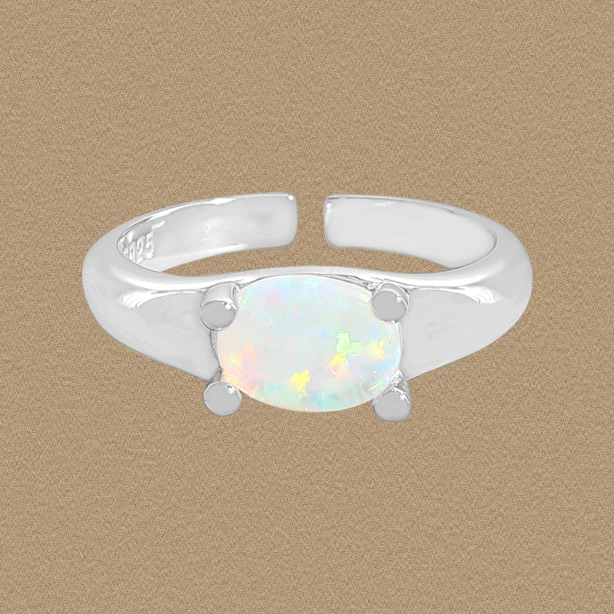 Women Simple Oval Natural Opal 925 Sterling Silver Adjustable Ring