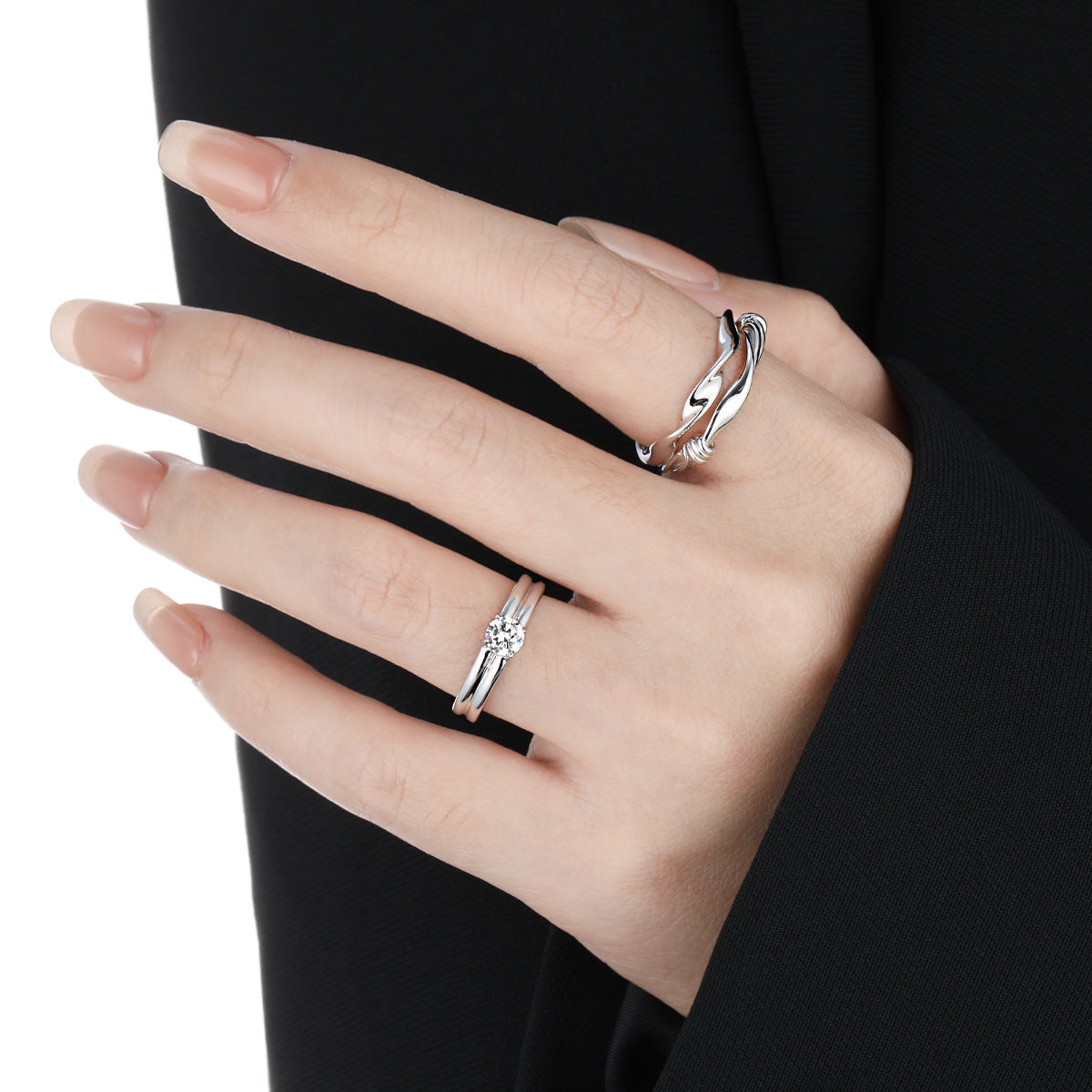 Simple Double Layers Four Claws Cubic Zirconia 925 Sterling Silver Adjustable Ring