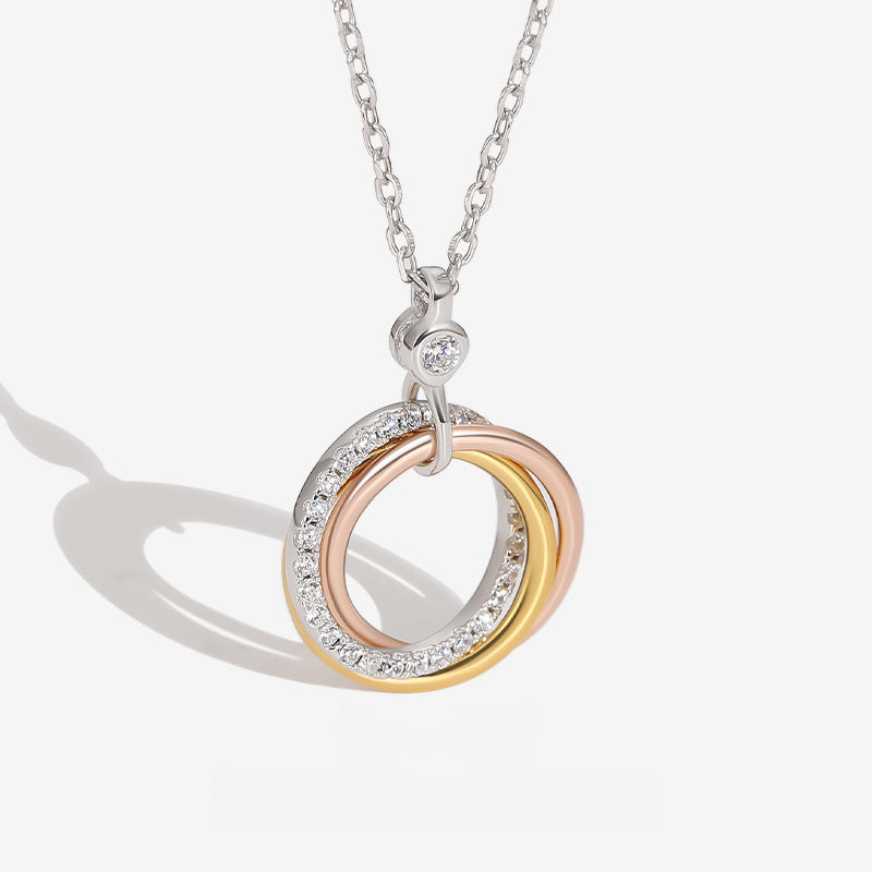 Cubic Zirconia Geometric  S925 Sterling Silver Triple Interlocking Circle Pendant Necklace