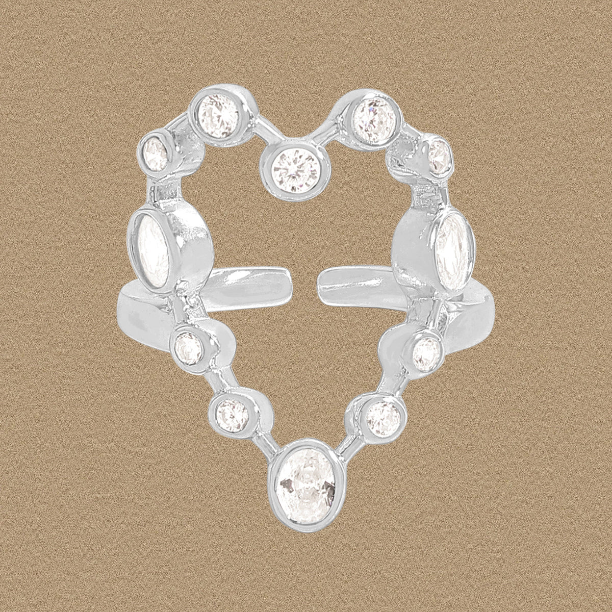 Holiday Round CZ Hollow Heart 925 Sterling Silver Adjustable Ring