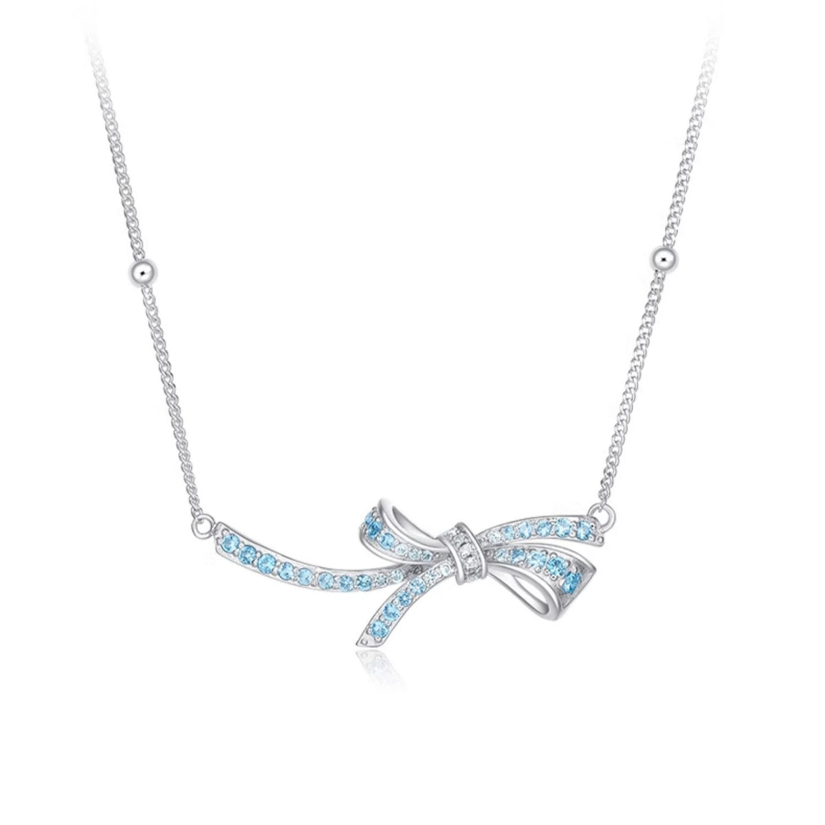 Sweet Bowknot Design Sky Blue Cubic Zirconia Pendant 925 Sterling Silver Necklace