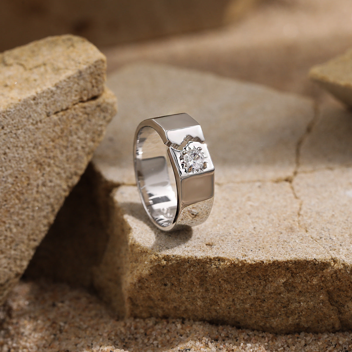 Men's Irregular Borken Pattern CZ 925 Sterling Silver Adjustable Ring