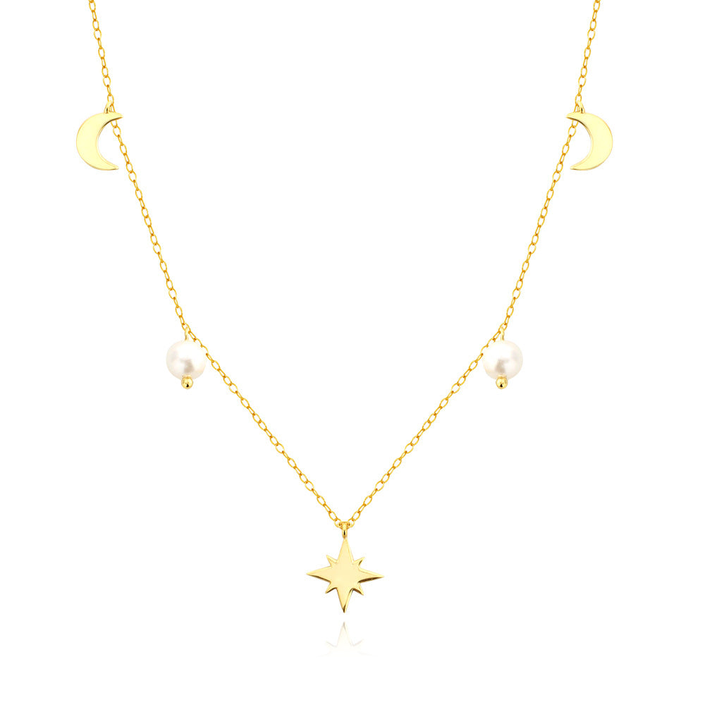 Cadena, Colgante en forma de O con perla, luna, media luna y anís estrellado en plata esterlina 925