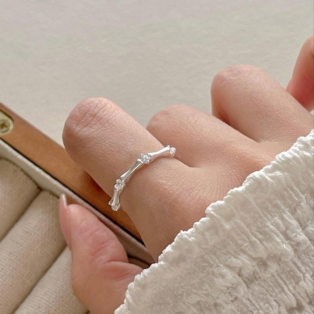 Simple Irregular CZ Camboo Joint 925 Sterling Silver Adjustable Ring