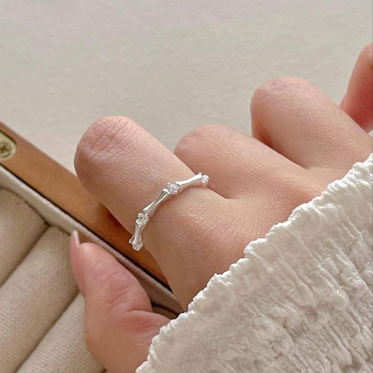 Simple Irregular CZ Camboo Joint 925 Sterling Silver Adjustable Ring