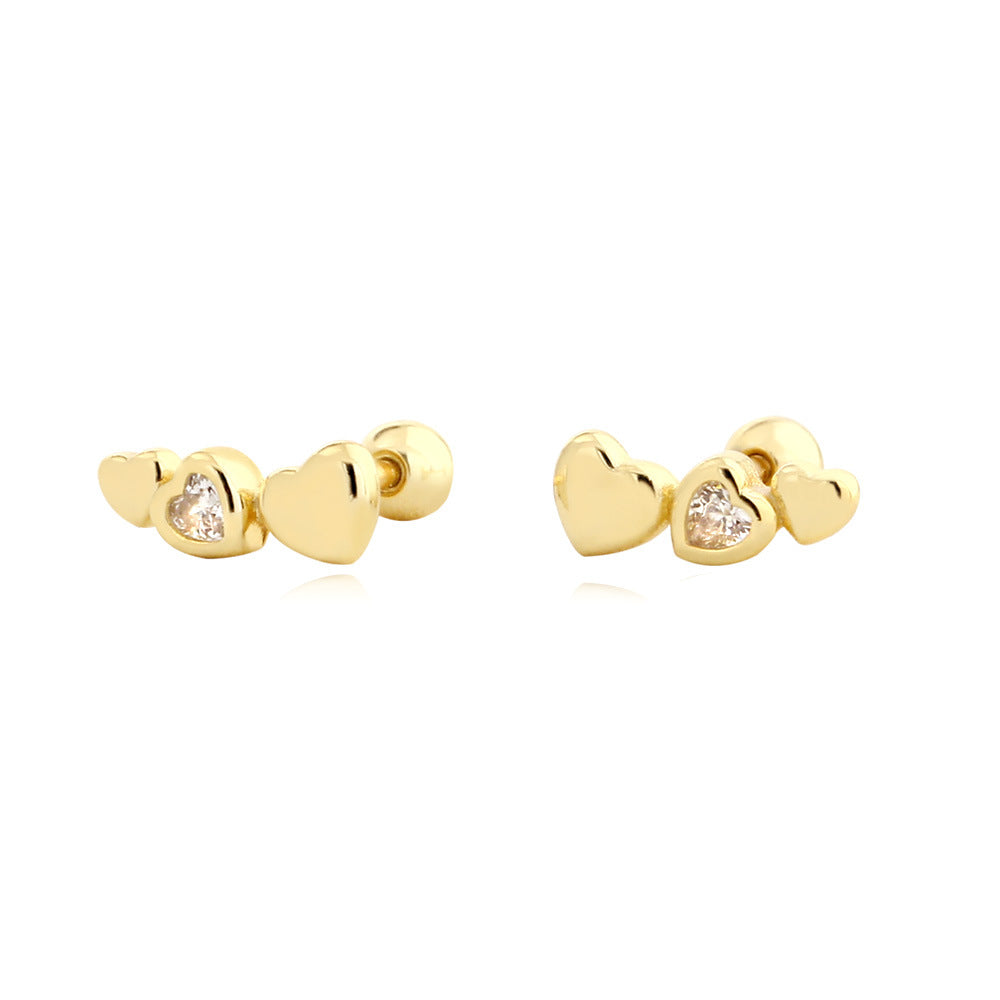 Pendientes de botón de plata S925 con triple corazón de circonia cúbica, estilo moderno minimalista para uso diario