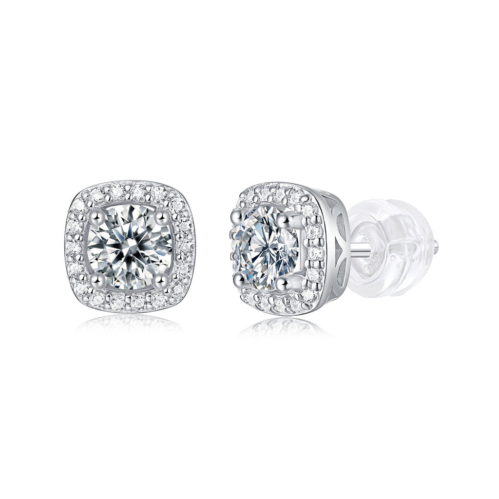 Square Cushion Halo Moissanite White 925 Sterling Silver Geometric Ear Stud Earrings