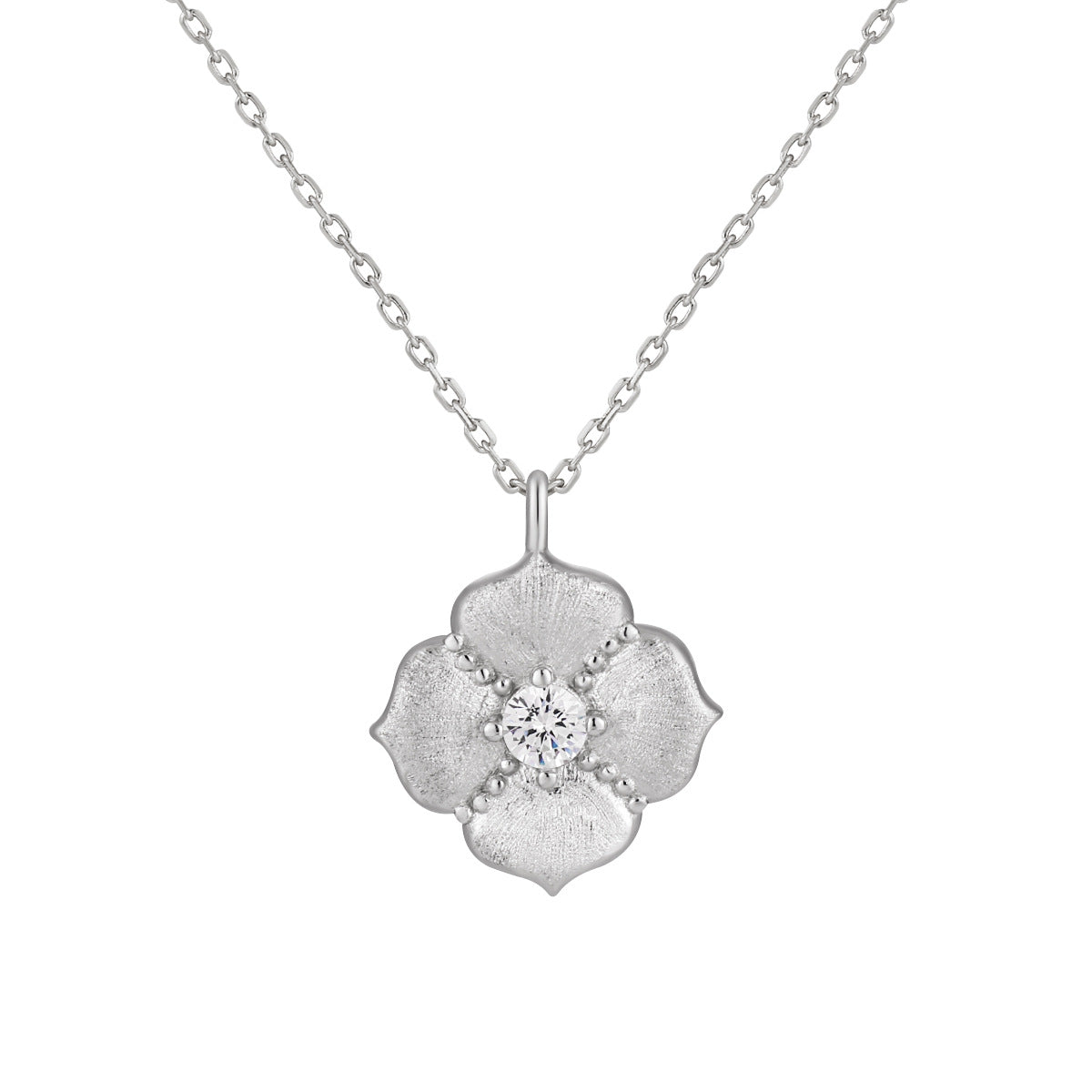 Collar minimalista de clavícula con cadena de plata de ley 925 y flor de cinco pétalos cepillada con circonia cúbica