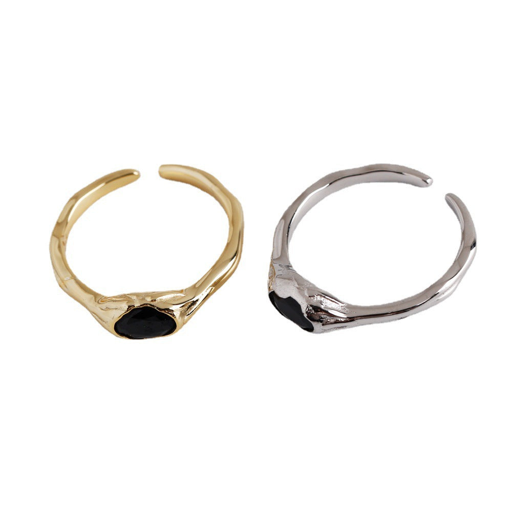Adjustable Geometric Black Gemstone 925 Sterling Silver Ring