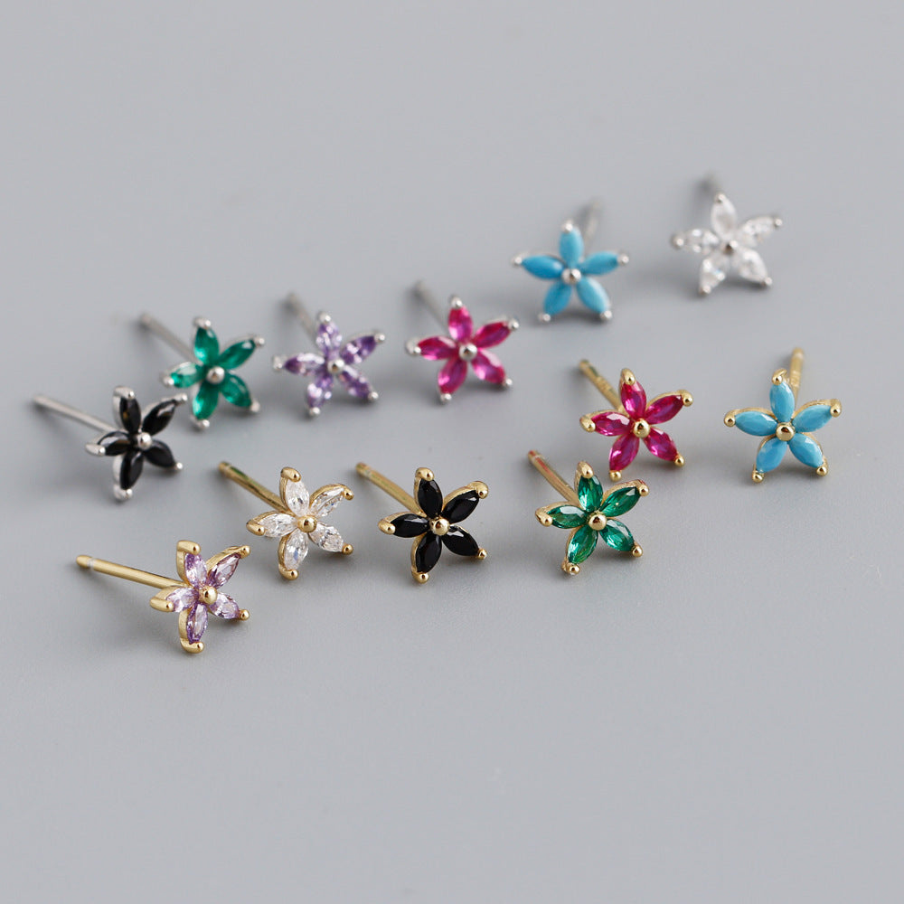 Five petal Flower Shaped Colored Cubic Zirconia  Elegant and Stylish 925 Sterling Silver Stud Earrings