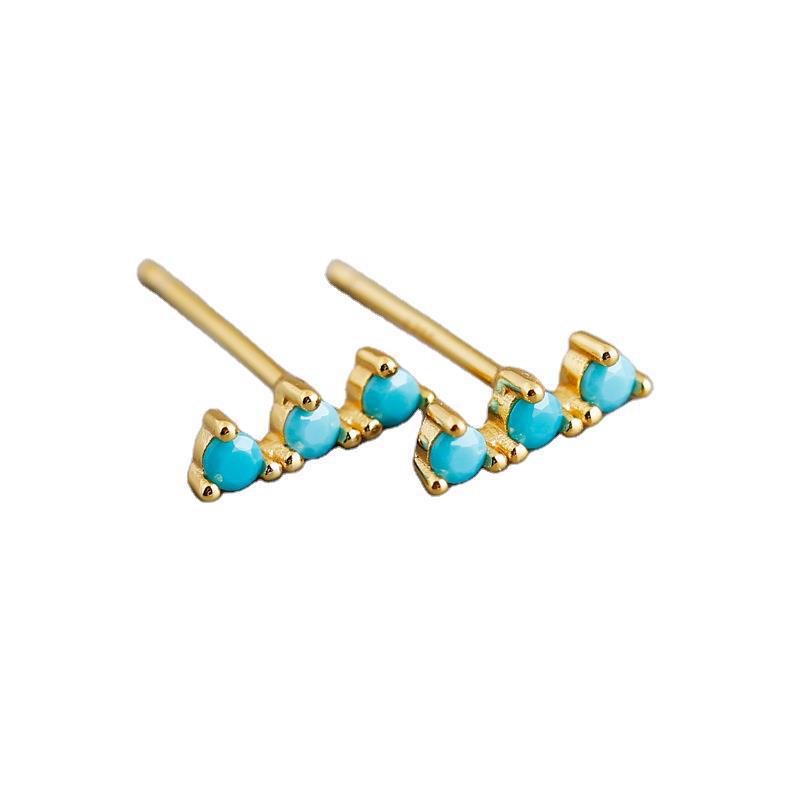 Geometric Three Stone Bar Stud Earrings with Cubic Zirconia and Turquoise in 925 Sterling Silver Stud Earrings