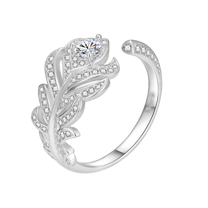 Elegant Peacock Feather Design Cubic Zirconia 925 Sterling Silver Adjustable Ring