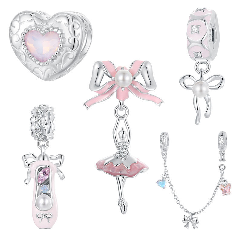 Dreamy Ballet Series Heart Swan Ballet Girl Shoe Bow Knot Safety Chain Charms 925 Sterling Silver DIY Bracelet Beads