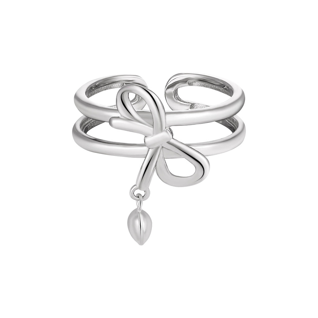 New Double Band Adjustable Bowknot Heart Charm 925 Sterling Silver Fashionable Women's Ring