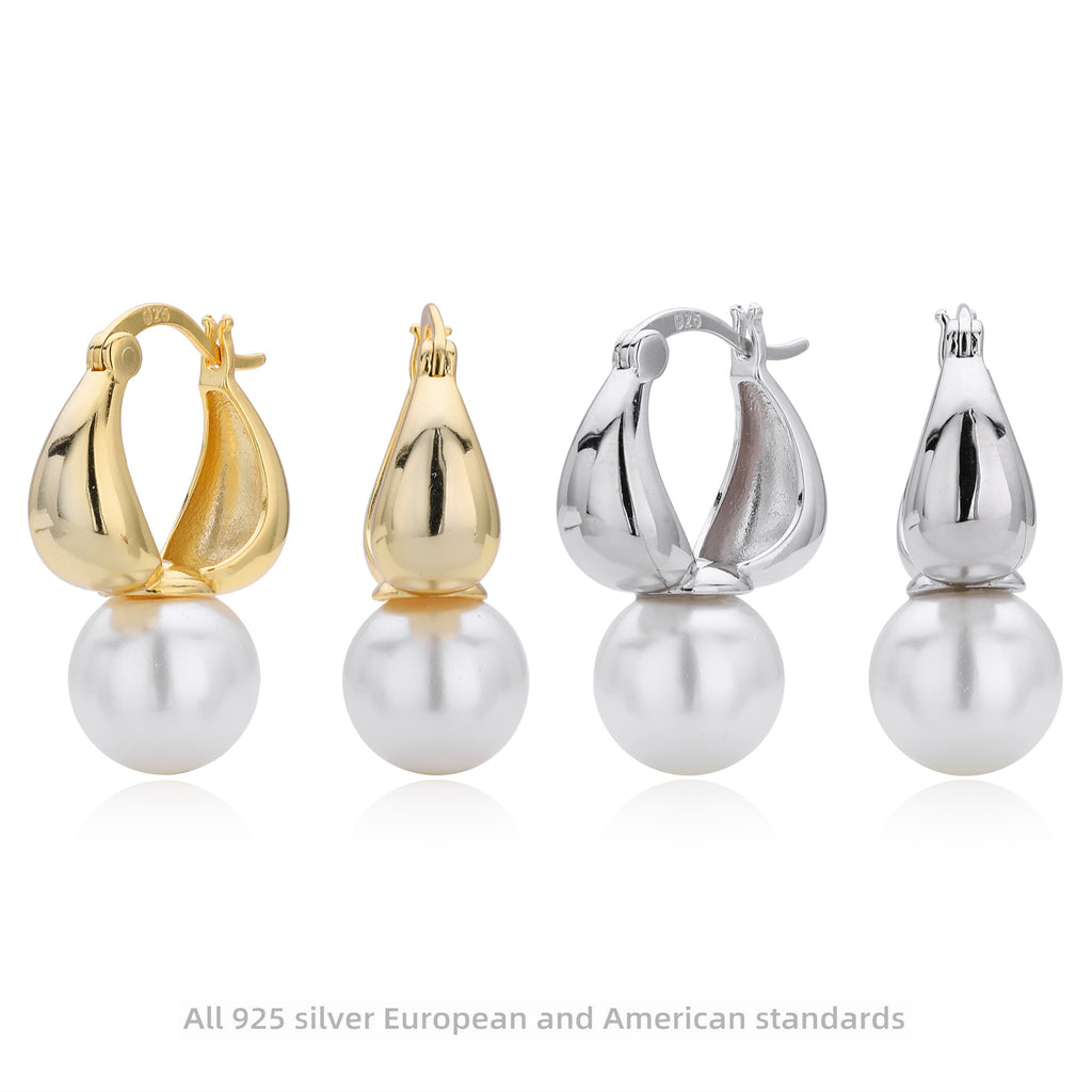 Elegant Geometric Design 925 Sterling Silver with Gold Plating Natural Pearl Drop Earrings