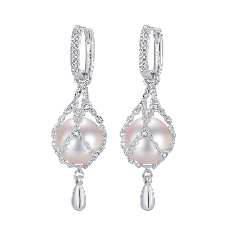 Elegant Net Design Freshwater Pearl 925 Sterling Silver Dangle Earrings
