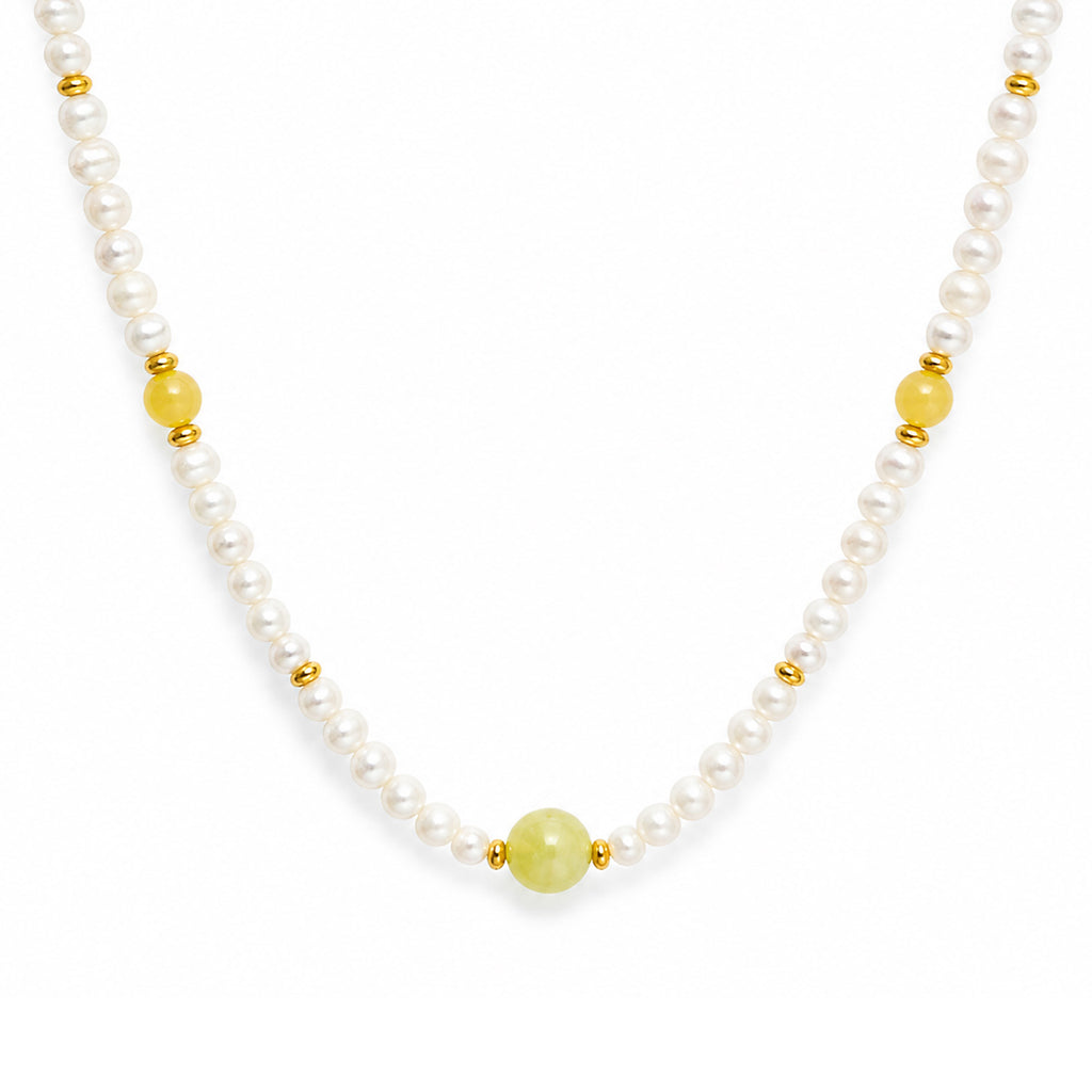 Cream White Pearl Warm Yellow Natural Jade Beaded Strand 925 Sterling Silver Necklace