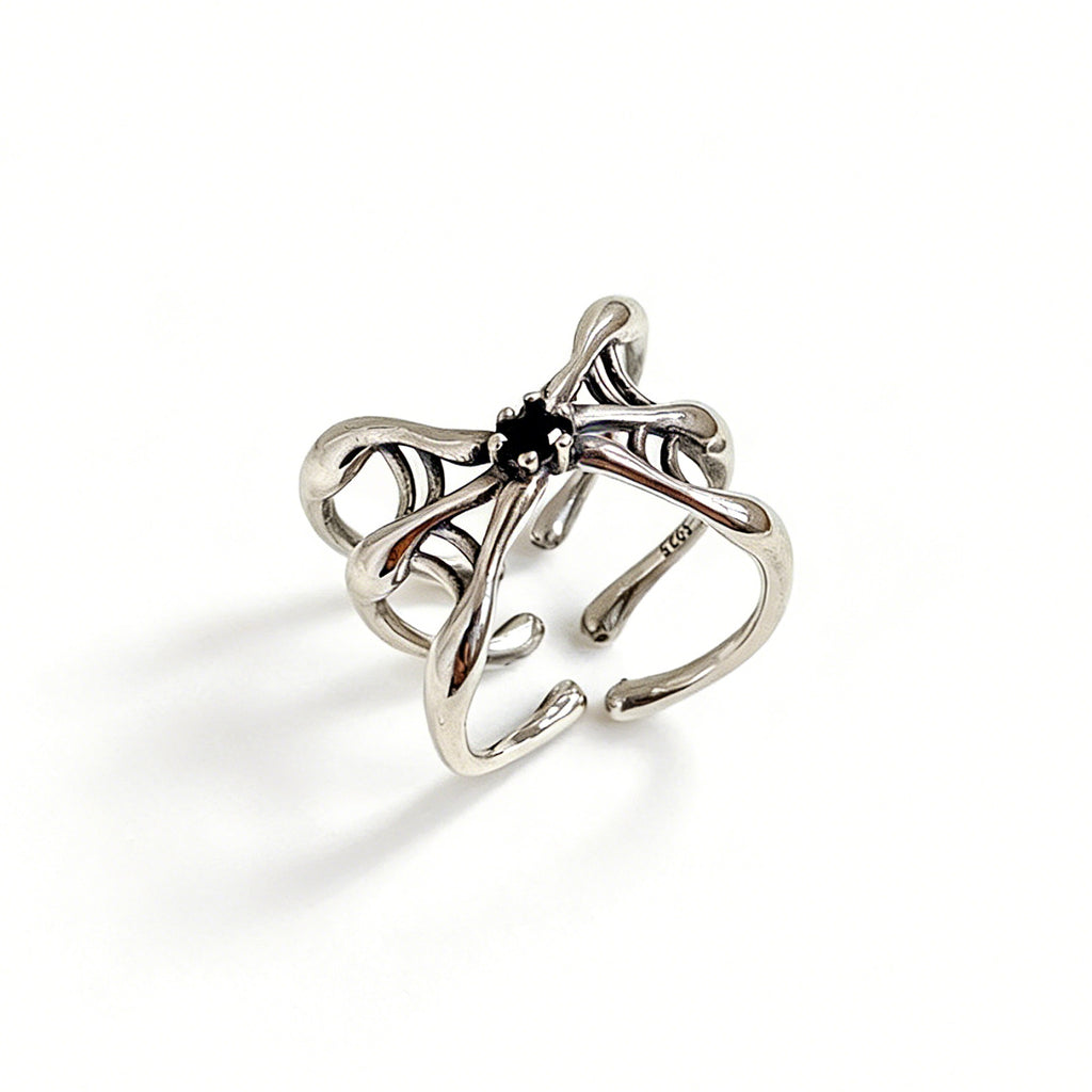 Women Fashion Unique Vintage Design Statement Jewelry Dark Gothic Spider Black Cubic Zirconia 925 Sterling Silver Adjustable Ring