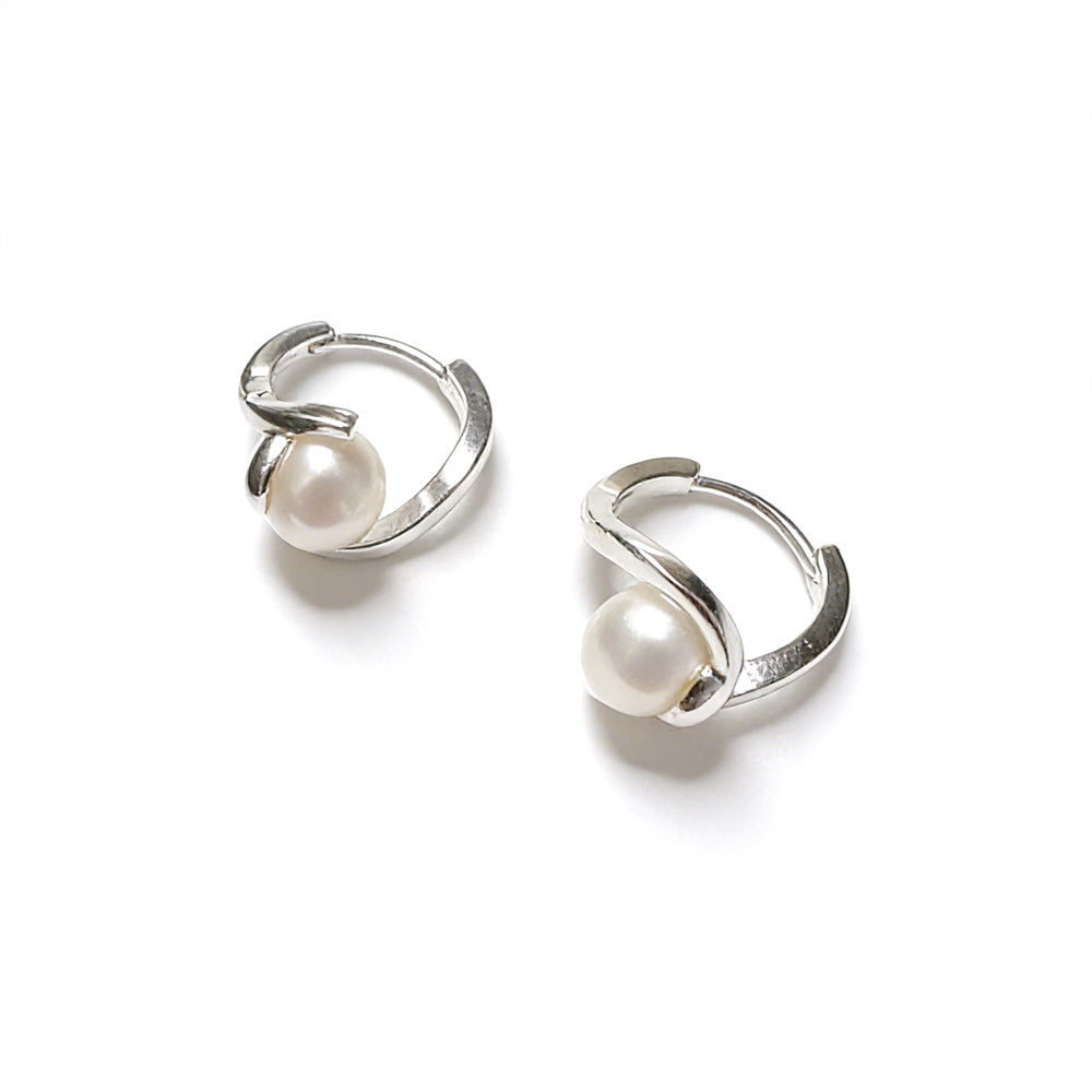 925 Sterling Silver Geometric Pearl Twisted Hoop Earrings