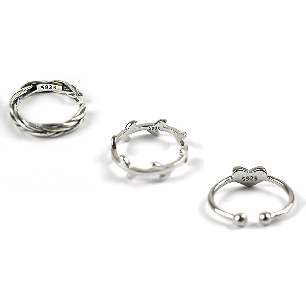 Simple Heart Leaves Twisted 925 Sterling Silver Adjustable Joint Ring