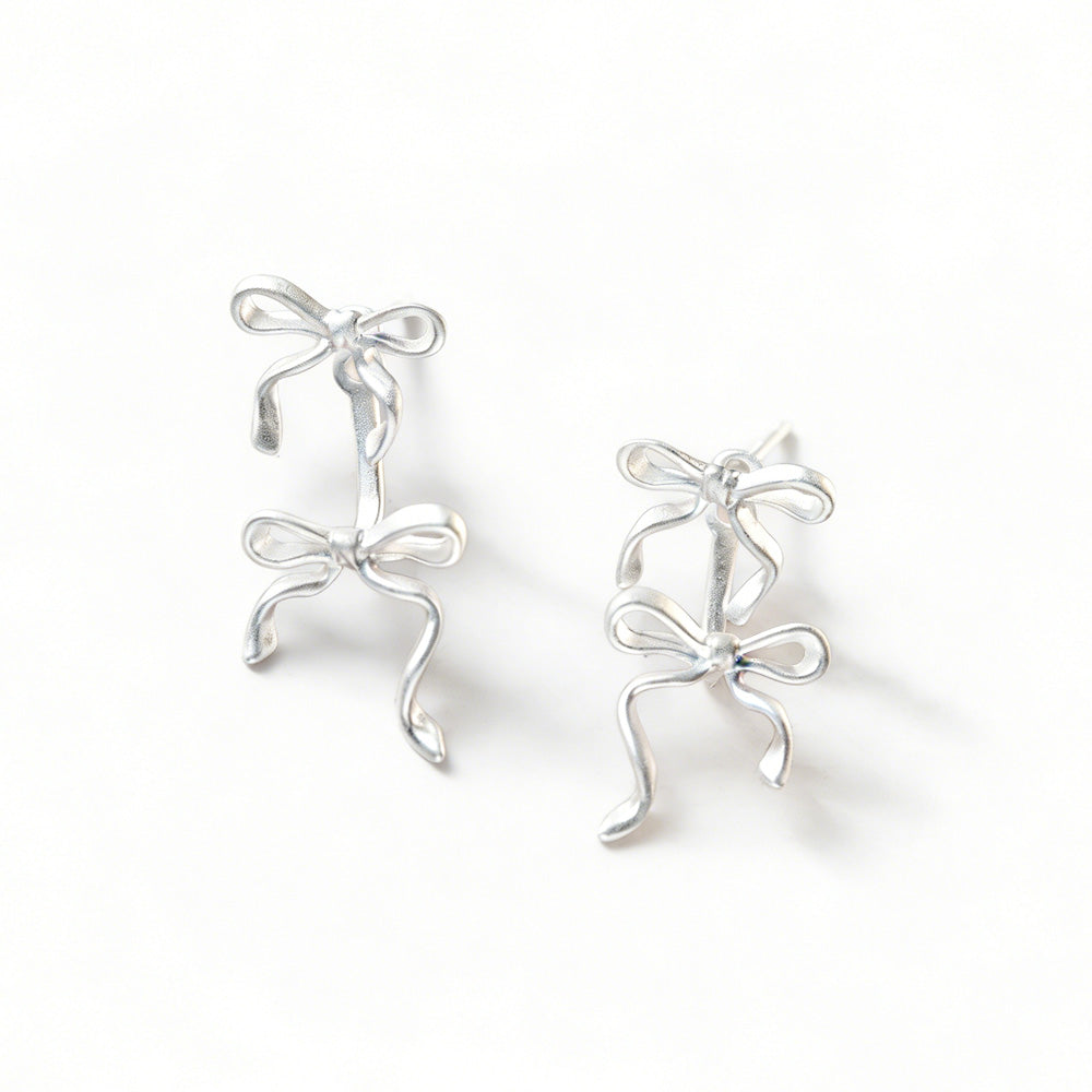 Pure Metal Frosted Double Bow Stud Earrings In Silver S925 Sterling Silver Minimalist Ins Style Delicate Ribbon Ear Stud Earrings