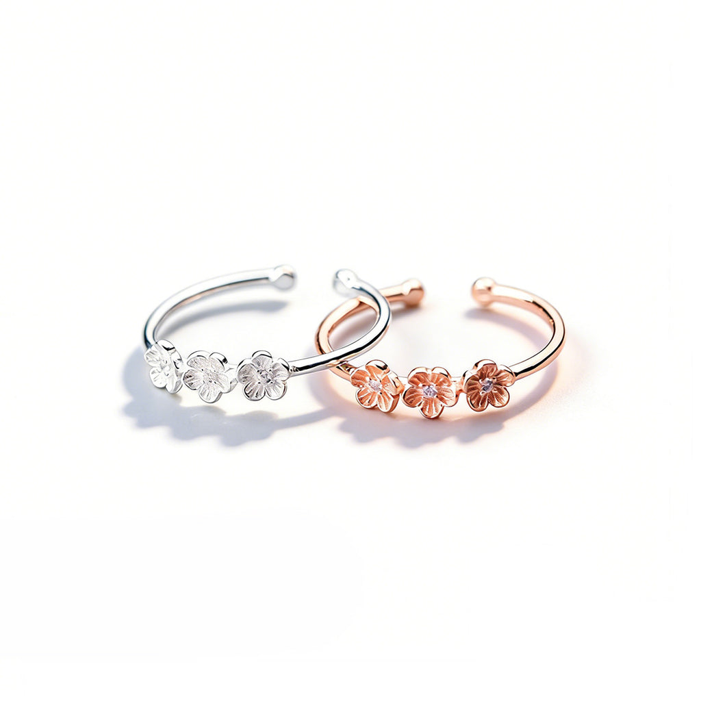 Triple Cherry Blossom Flower Cubic Zirconia S925 Sterling Silver Adjustable Open Ring